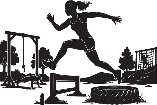 Female athlete jumping over hurdle in park outdoor boot camp obstacle course event for physical activity and healthy lifestyle motivation poster.