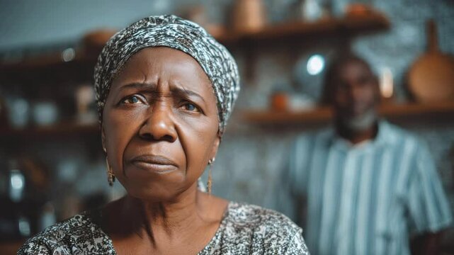 Serious elderly African American woman with sad husband in the background in a home setting. The concept of quarrel, family difficulties, relationship tension