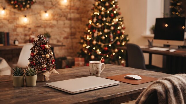Startup office with laptop and christmas decorations to celebrate holiday season holiday at job. Empty space filled with ornaments, xmas tree and lights used for seasonal winter festivity.