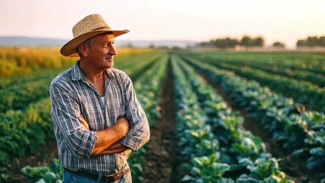 An elderly farmer wearing a hat and a shirt stands in a field with rows of vegetables and greens at sunset. Agriculture and harvest concept