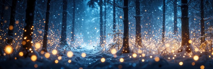 Naklejka premium Blurred winter forest with glowing bokeh lights on snowy ground. Magical blue night woods feature bright warm fairy lights between dark trees. Enchanting seasonal landscape creates dreamy festive