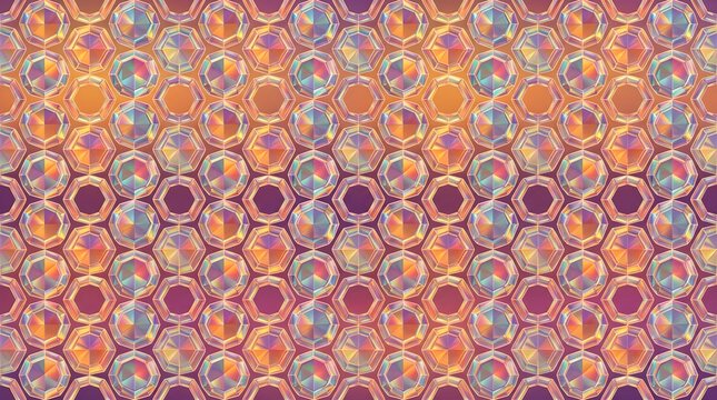 Warm orange, pink, and gold crystalline honeycomb pattern with glowing hexagonal facets creating a vibrant abstract jewel-toned texture