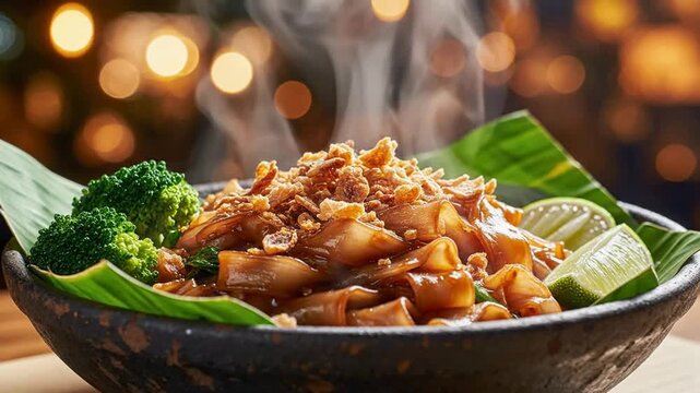 Freshly prepared pad ew stir-fried noodles with steaming hot sauce, broccoli, and lime in a rustic bowl