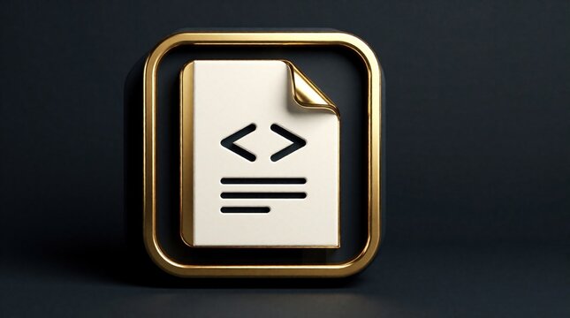 Digital coding document icon with gold border on dark background. Programming file features HTML symbols, curled paper corner. Modern software script template for web development, app creation, data