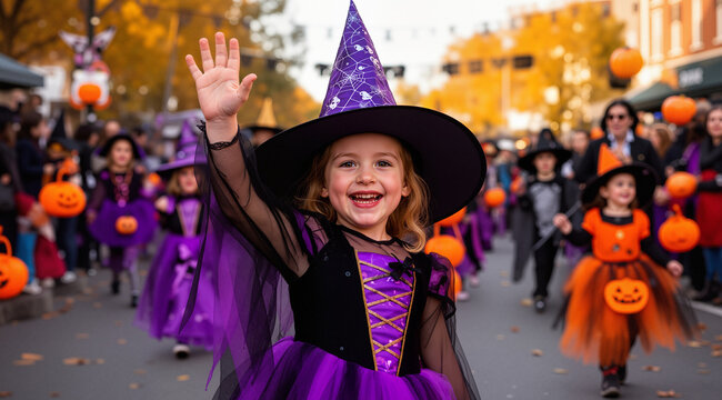 Happy child in witch costume waving at halloween parade
