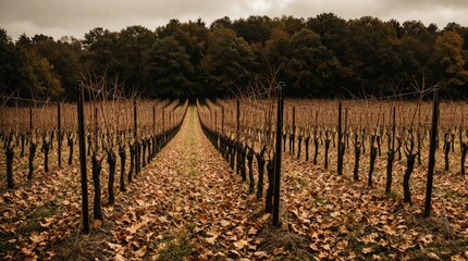Fototapeta premium Rows of grapevines without leaves cover large vineyard field in autumn. Dry brown leaves lie on ground between wooden trellis posts. Dark forest background under cloudy sky. Agriculture land shows