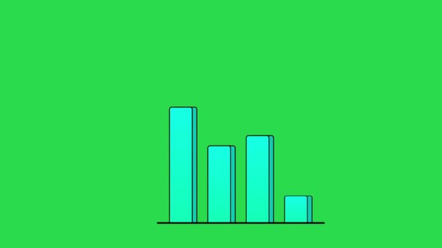 Blue bar chart with white arrow going down on green screen chroma key background for business loss decrease overlay effect