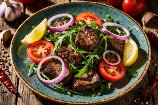 Roasted liver pieces served on plate with fresh arugula salad. Sliced red onion rings, tomato slices, lemon wedges decorate tasty meat dish. Mediterranean style ciger tava meal prepared with onions,