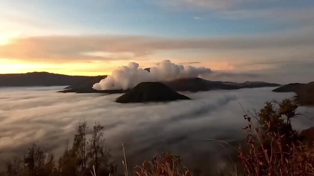 Timelapse of Mount Bromo volcano erupting steam plume above sea of clouds during sunrise in East Java Indonesia