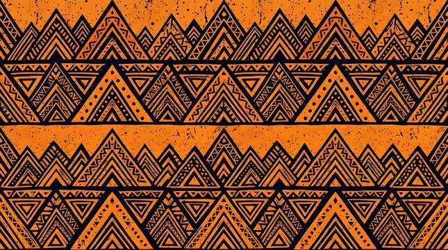 Bold orange and black tribal geometric pattern with repeating triangles, diamonds, zigzags, and intricate ethnic ornamental linework