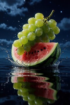 Green grapes splash into juicy watermelon slice on dark water. Glowing fruit falls into red melon with liquid droplets. Surreal night scene with moonlight reflection, summer fruit motion. Refreshing