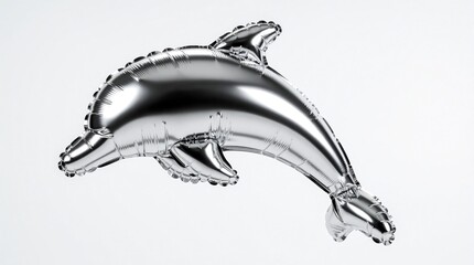 Naklejka premium Silver metallic dolphin balloon floats in mid air. Shiny inflatable sea animal decoration for party birthday celebration. Glossy chrome aquatic toy stays isolated on plain white background. Fun