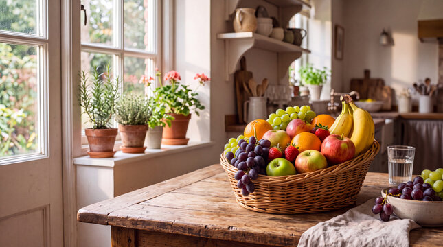 Fresh fruit basket with pineapple, grapes, banana, orange, apple, strawberry sits on an elegant wooden table in a farmhouse kitchen with the sunlight flowing through a window nearby onto the fruit