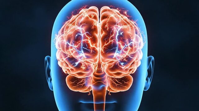 Glowing human brain anatomy with active neural synapses and electrical impulses firing across neurons