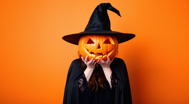 Witch with Halloween pumpkin instead of her head on orange background
