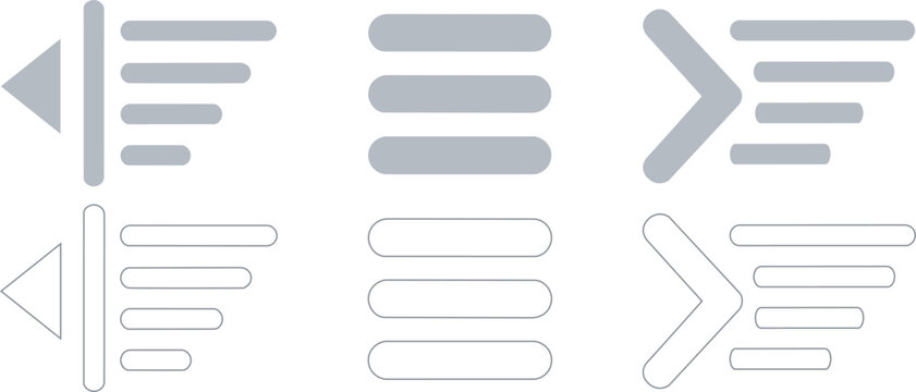Set of alignment and menu interface icons with solid and outline styles for user interface design and web navigation
