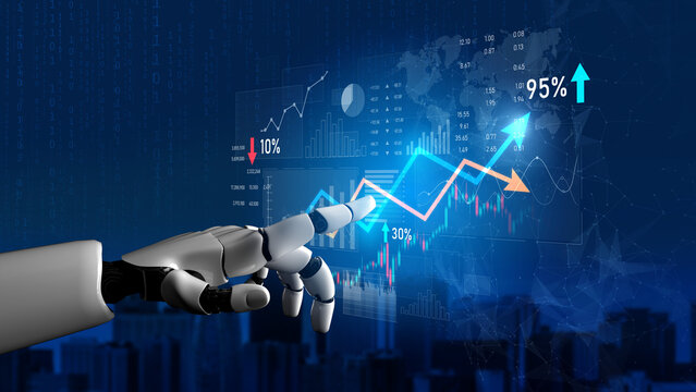 A robotic hand engages with vibrant financial charts and data graphs in a digital environment, symbolizing futuristic technology and advanced analytics in finance. Scalp
