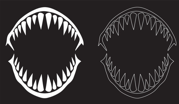Set of scary monster jaws with sharp teeth in solid white and line art style on black background