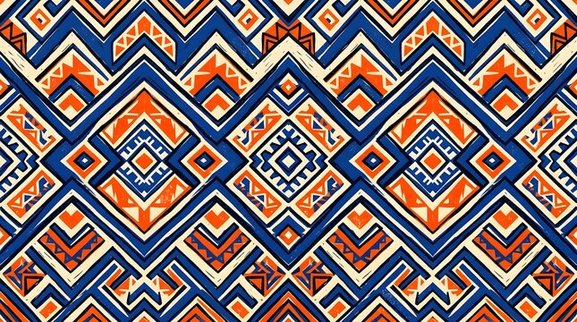 Vibrant Southwestern geometric pattern with repeating blue, orange, red, and cream diamonds, zigzags, triangles, and tribal motifs