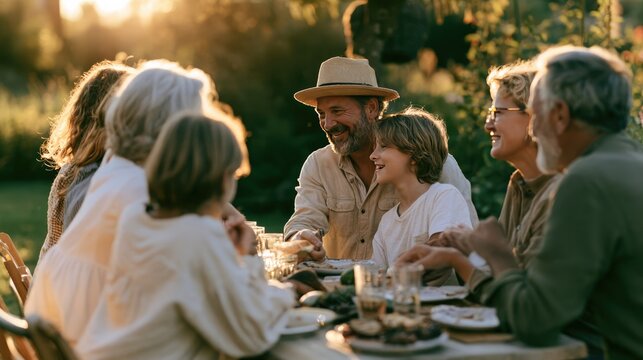 Generational Gathering: A multi-generational family enjoys a sun-drenched al fresco meal, sharing laughter and conversation around a rustic table outdoors.