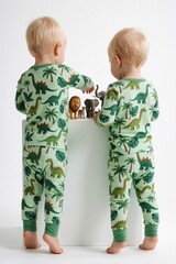 Naklejka premium Two toddler boys wear green dino print pajamas. Little kids play with safari animal figurines on white pedestal. Small boys explore wild jungle animals like lion, elephant. Childhood fun, imaginative