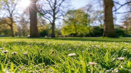 Fototapeta premium Low angle view of a park lawn with trees and sun rays