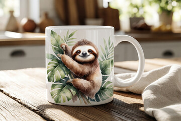 Naklejka premium White ceramic mug with cute watercolor sloth design on tropical green leaves. Adorable slow mammal artwork on coffee cup. Perfect gift for animal lovers. Tableware sits on rustic wooden surface in