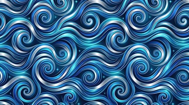 Blue swirling wave seamless pattern with intricate curls and flowing curves, dynamic abstract ocean inspired textile wallpaper design