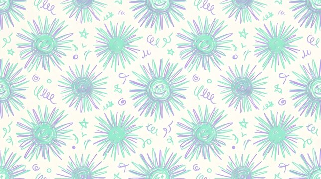 Pastel floral starburst seamless pattern on white background, delicate mint pink and yellow botanical wallpaper with cheerful repeating motifs