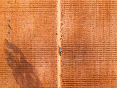 Aerial view of a tilled agricultural field with reddish-brown soil and a dirt path running through the center in Bonnievale, Western Cape, South Africa.