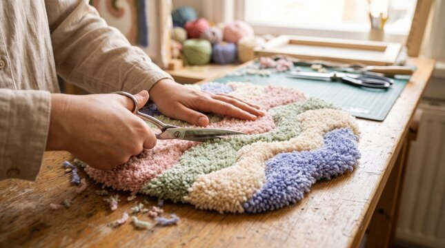 Woman trimming a handmade punch needle rug with scissors on a wooden table. Engaging in relaxing analog craft hobbies and creative manual work with textile materials for DIY interior projects.