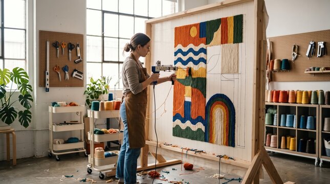 Woman using tufting gun to create a large colorful rug in workshop. Engaged in analog hobby and handmade craft for creative artisan small business production and modern interior decor.