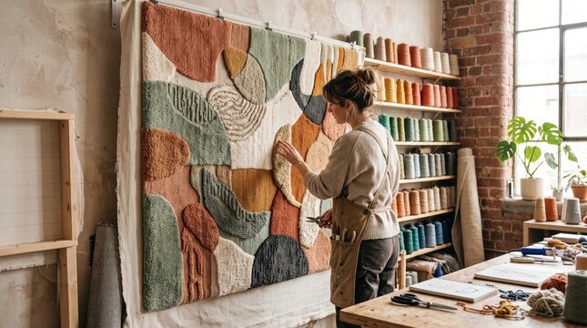 Woman artisan touching a large textured wall hanging in her textile workshop. Handmade craft hobby and artisanal rug tufting process for creative interior decoration.