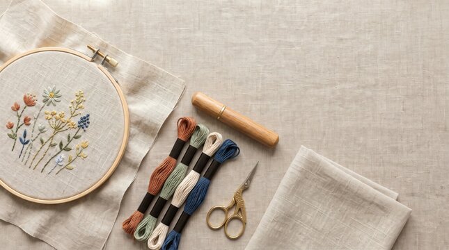 Embroidery hoop with floral stitching, colorful threads, and scissors on linen fabric. Engaging in analog hobby and handmade craft creation for mindful relaxation and creative self-expression.