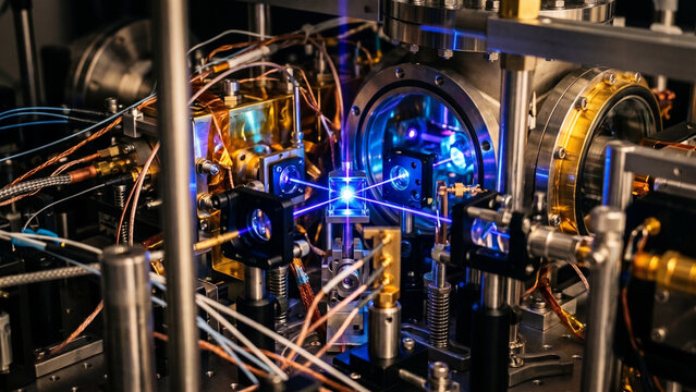 Precision optical atomic clock and quantum laser experiment with glowing blue beams on an optical breadboard