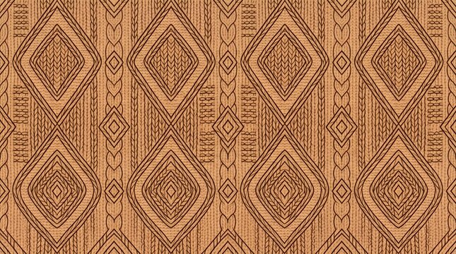Warm tan geometric diamond seamless pattern with intricate nested motifs, rustic ornamental textile wallpaper inspired by traditional woven design