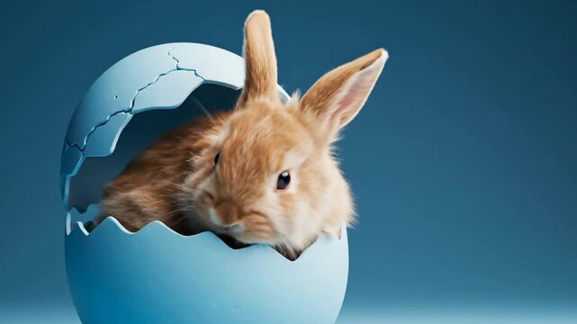 Adorable fluffy easter bunny hiding inside a cracked blue egg shell on solid background, for spring holiday greeting