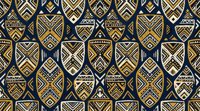 Navy blue and golden geometric seamless pattern with layered diamonds and tribal motifs, ornate ethnic textile wallpaper for modern decor