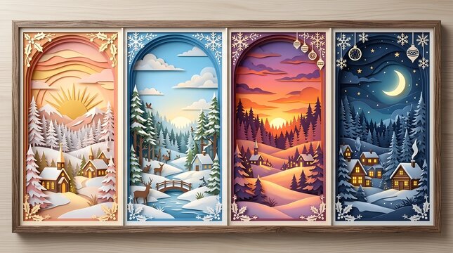 Four framed winter landscape panels showing snowy forests, mountains and moonlit scenery, colorful seasonal artwork collection for decor