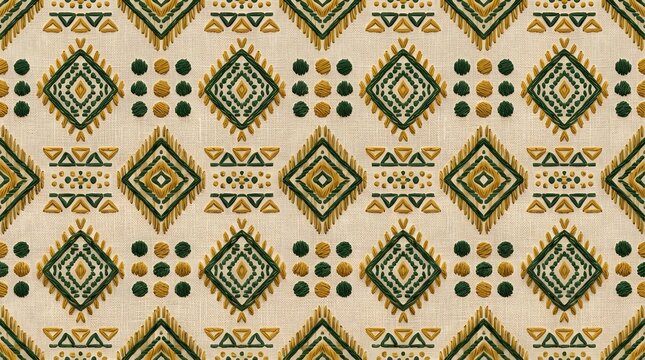 Cream and green geometric diamond seamless pattern with delicate folk motifs, elegant vintage textile wallpaper for decorative fabric design