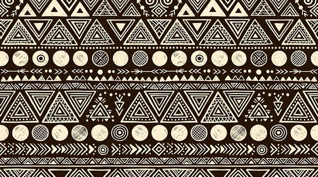 Black and cream tribal seamless pattern with geometric bands, circles, triangles and intricate folk motifs, elegant ethnic textile wallpaper