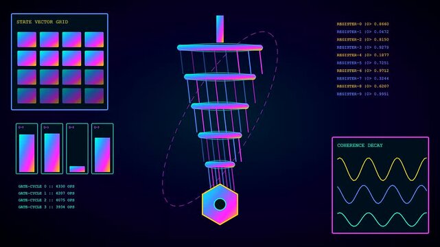 A luminous virtual lab interface displaying fluctuating digital data patterns with glowing geometric structures and oscillating waves captured in a sleek dark electronic monitor display setting