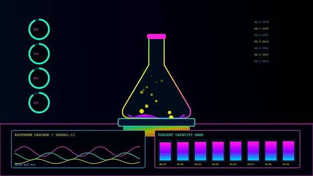 A digital virtual lab interface displays chemistry vessel simulations with glowing neon waveforms and vibrant progress charts evolving in a dark synthetic science research environment