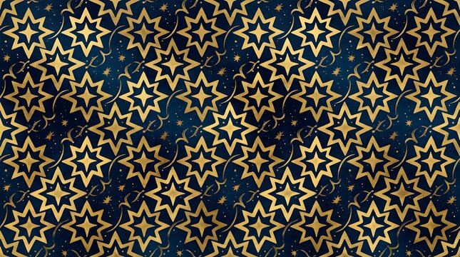 Dark navy and golden intricate star seamless pattern with layered geometric motifs, luxurious celestial textile wallpaper for elegant design