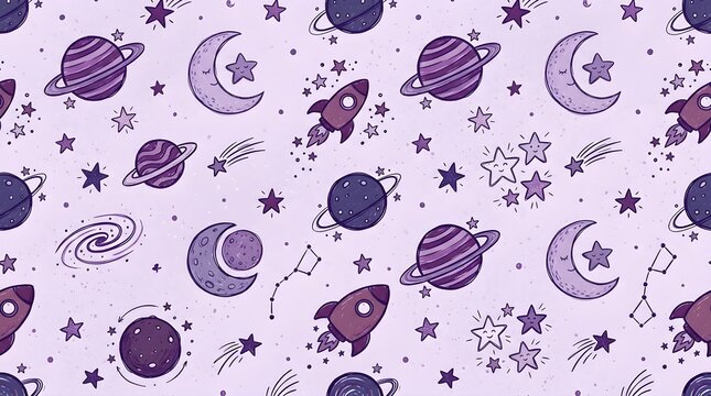 Lavender seamless celestial pattern with planets, moons, stars and whimsical cosmic illustrations, dreamy purple background for children's designs