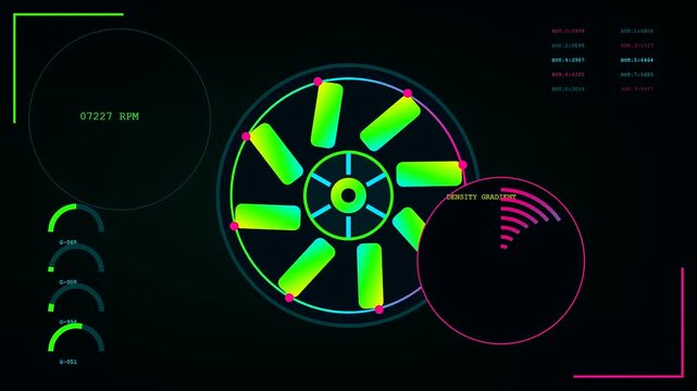 a virtual lab interface displays circular spinning rotors with glowing green blades and numerical readouts indicating varying rotation speeds in a darkened digital analysis workspace screen