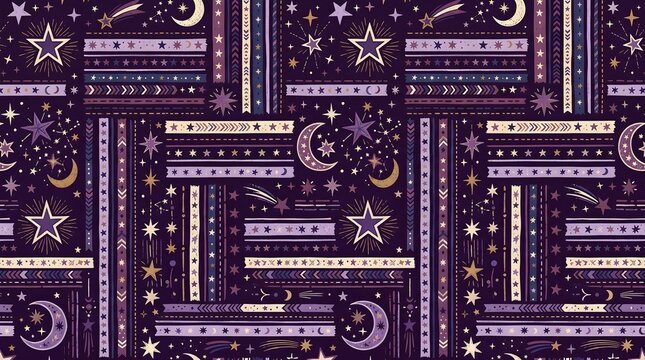 Deep purple celestial seamless pattern with stars, planets, moons and cosmic line motifs, mysterious night sky wallpaper for modern design