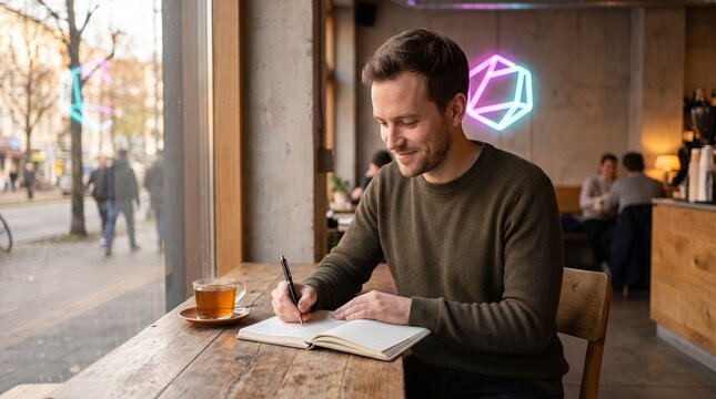 A man writing in a notebook while sitting at a wooden table in a modern urban coffee shop interior