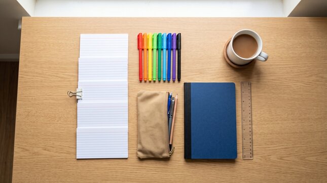 Top down view of organized study materials with blank index cards and colorful felt tip pens