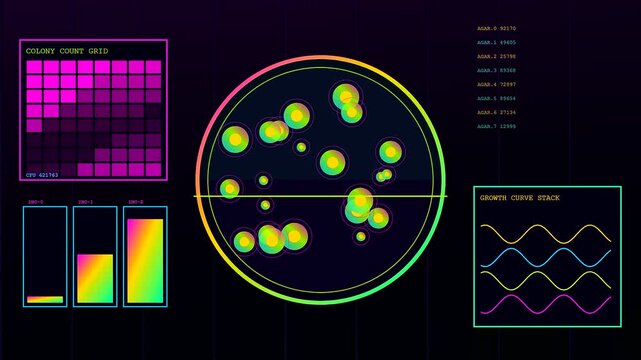 A digital virtual lab interface features flickering holographic petri dishes with growing neon colonies and rhythmic waveform patterns moving across a dark electronic scan grid screen